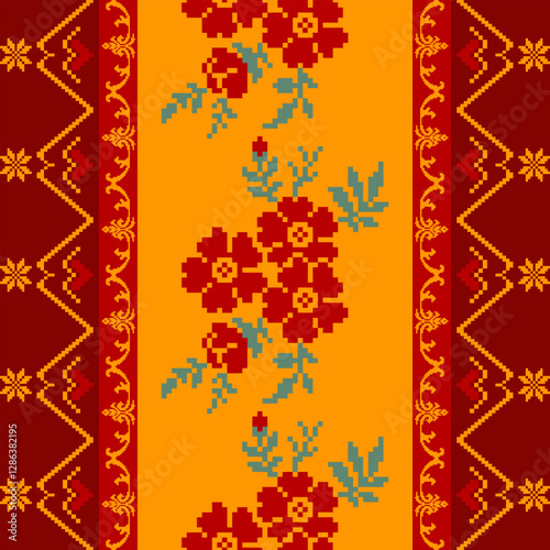 Seamless geometric pattern . pixel pattern. Design for clothing fabric textile ornamentation embroidery Hand stitched pattern . cultural stitching pixel art , Cross stitch pattern