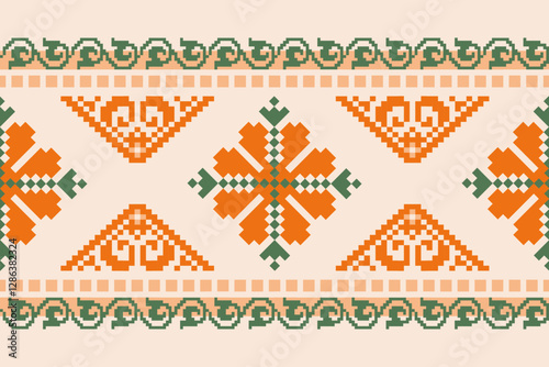 Traditional cross stitch needlework Geometric ethnic pattern . pixel horizontal Seamless vector Native ethnic pattern cross stitch border fabric clothing textile knitwear print texture