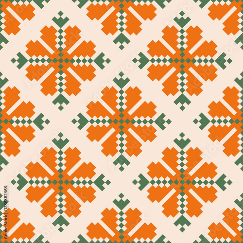 Traditional cross stitch needlework Geometric ethnic pattern . pixel horizontal Seamless vector Native ethnic pattern cross stitch border fabric clothing textile knitwear print texture