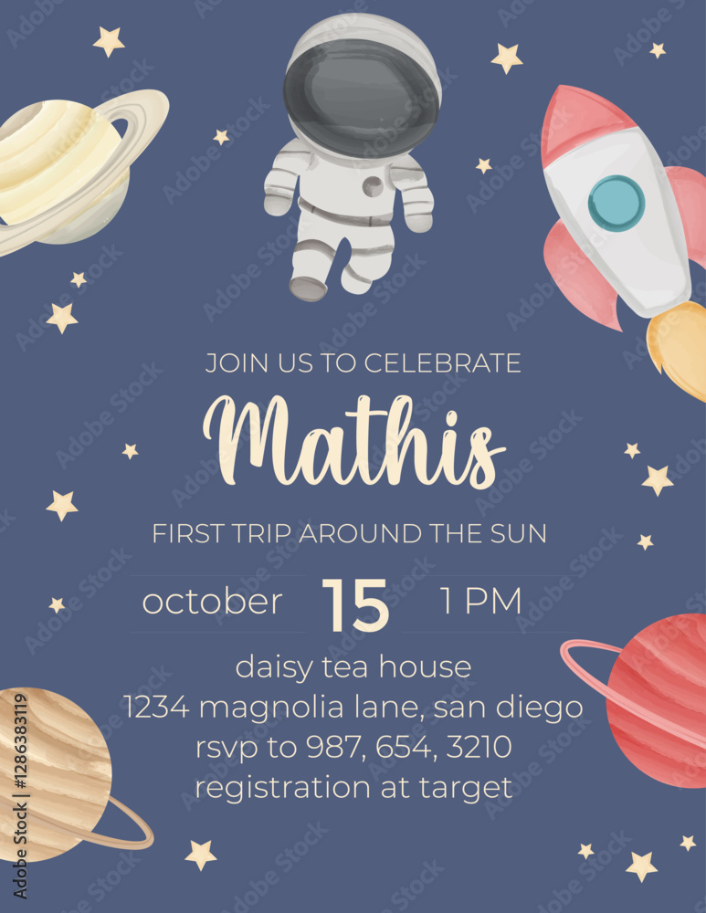 Birthday invitation card vector template. Space birthday Party theme with astronaut, planets and other elements.