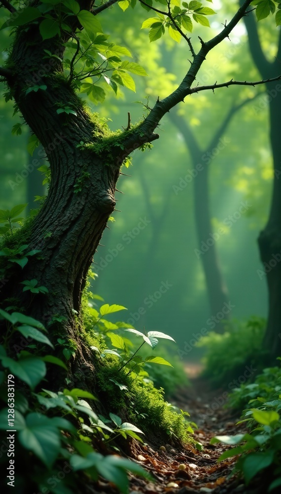 Curved branch formation by thorny bushes and vines, forest, leaves Curved branch formation by thorny bushes and vines, forest, leaves