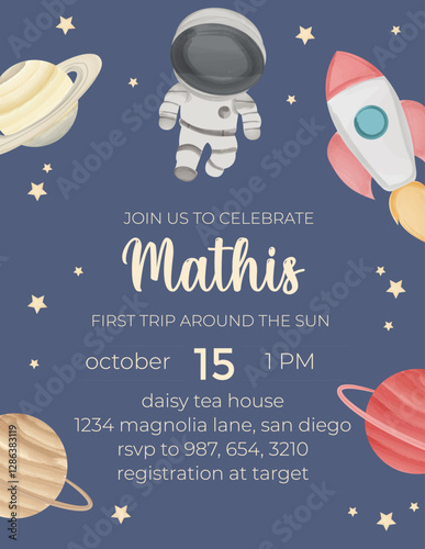 Birthday invitation card vector template. Space birthday Party theme with astronaut, planets and other elements.