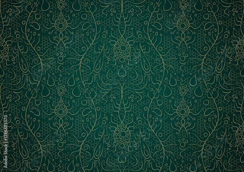 Hand-drawn unique abstract gold ornament on a dark green cold background, with vignette of darker background color. Paper texture. Digital artwork, A4. (pattern: p13-2b)