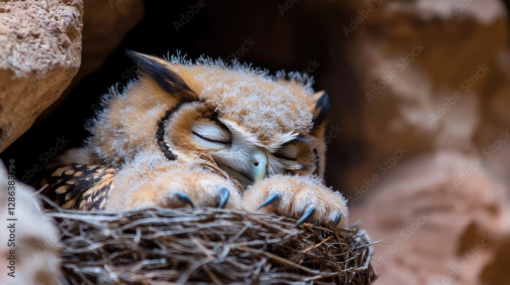 Fototapeta premium A serene baby owl peacefully sleeping in its cozy nest surrounded by rocky formations