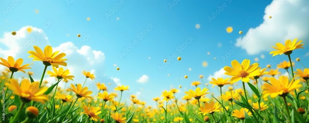 Bright yellow flowers scattered on a blue sky background, with golden balls in the foreground, , garden Bright yellow flowers scattered on a blue sky background, with golden balls in the foreground, , garden