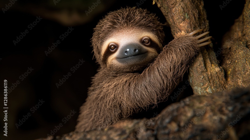 Fototapeta premium A cute sloth clinging to a tree branch, surrounded by lush greenery in a serene forest setting