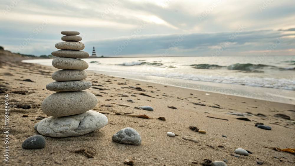 Fototapeta premium perfectly balanced stack of smooth stones on sandy beach, with gentle waves and distant lighthouse. serene atmosphere evokes sense of calm and tranquility