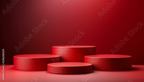 four red cylindrical podiums on a red background minimalist design for product display or presentation
