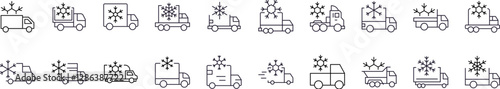Pack of Delivery Truck with Snow Related Line Icons. Outline Signs for Graphic and Web Design, Apps, Adverts, Various Cards