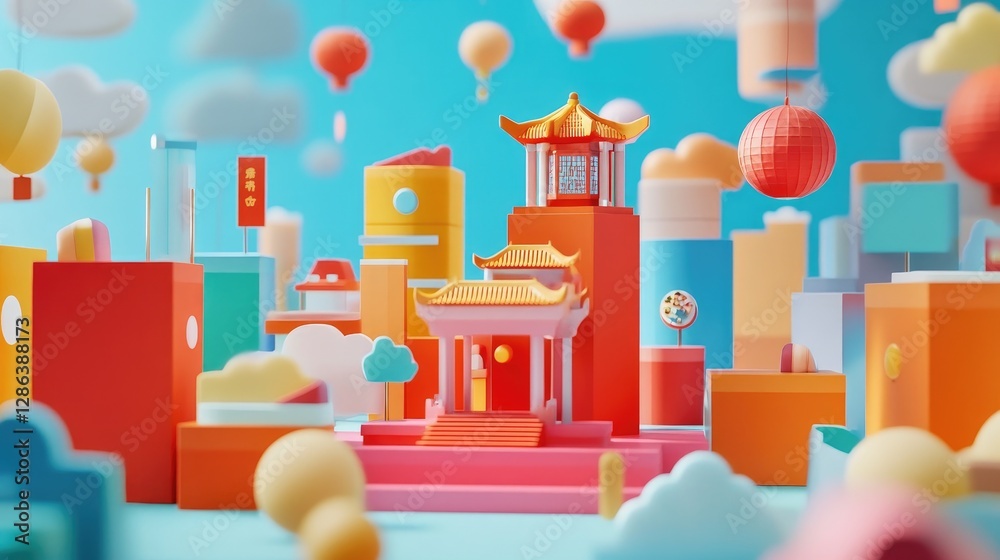 Fototapeta premium Colorful 3D Illustration of Asian Architecture and Floating Lanterns