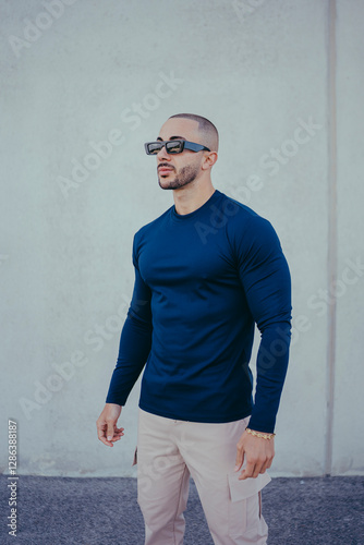Obraz na płótnie Chico joven tatuado posando con ropa actual en la calle w salonie