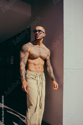 Obraz na płótnie Chico joven tatuado posando con ropa actual en la calle w salonie