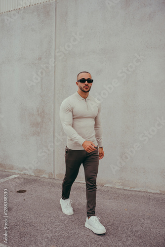 Obraz na płótnie Chico joven tatuado posando con ropa actual en la calle w salonie