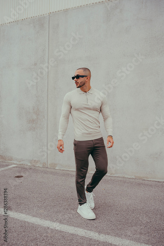 Obraz na płótnie Chico joven tatuado posando con ropa actual en la calle w salonie