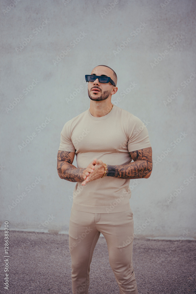 Chico joven tatuado posando con ropa actual en la calle