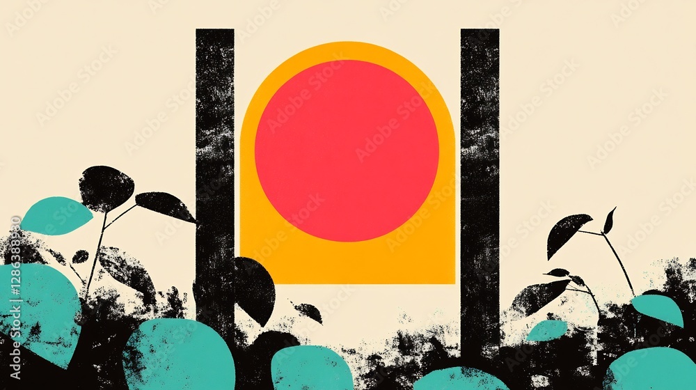 Obraz premium Bold geometric sun rises over stylized foliage vibrant color palette. AI Generated