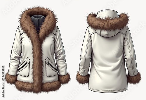 Design Luxurious Outerwear: Fur Jacket Technical Fashion Illustration Template - Create Unisex Winter Coats with Pockets, Detailed Front and Back Views, and Flawless CAD Mockups in White.


