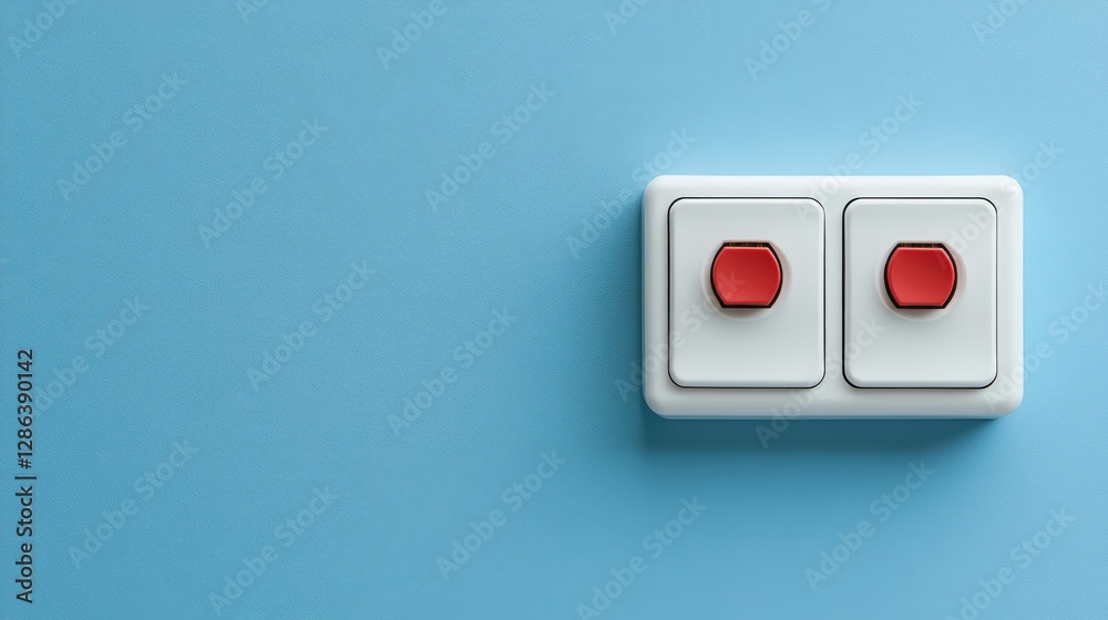 Detailed view of white power strip with three sockets and a red switch on blue background Detailed view of white power strip with three sockets and a red switch on blue background