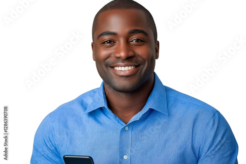 Smiling young African American businessman in a white shirt against a wh  , no background, transparent background , PNGite background