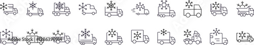 Delivery Truck with Snow Thin Line Icon Set. Outline Signs for Graphic and Web Design, Apps, Adverts, Various Cards