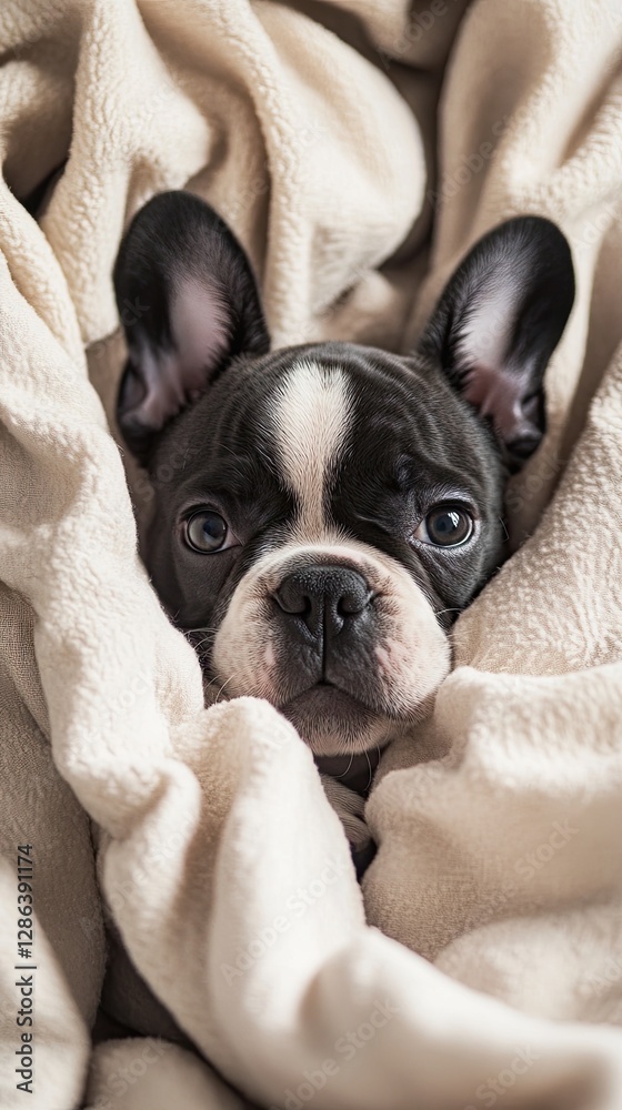 Cozy Puppy Retreat: A charming French Bulldog puppy, with its distinctive markings, snugly wrapped in a soft, inviting blanket, embodies pure comfort and relaxation.