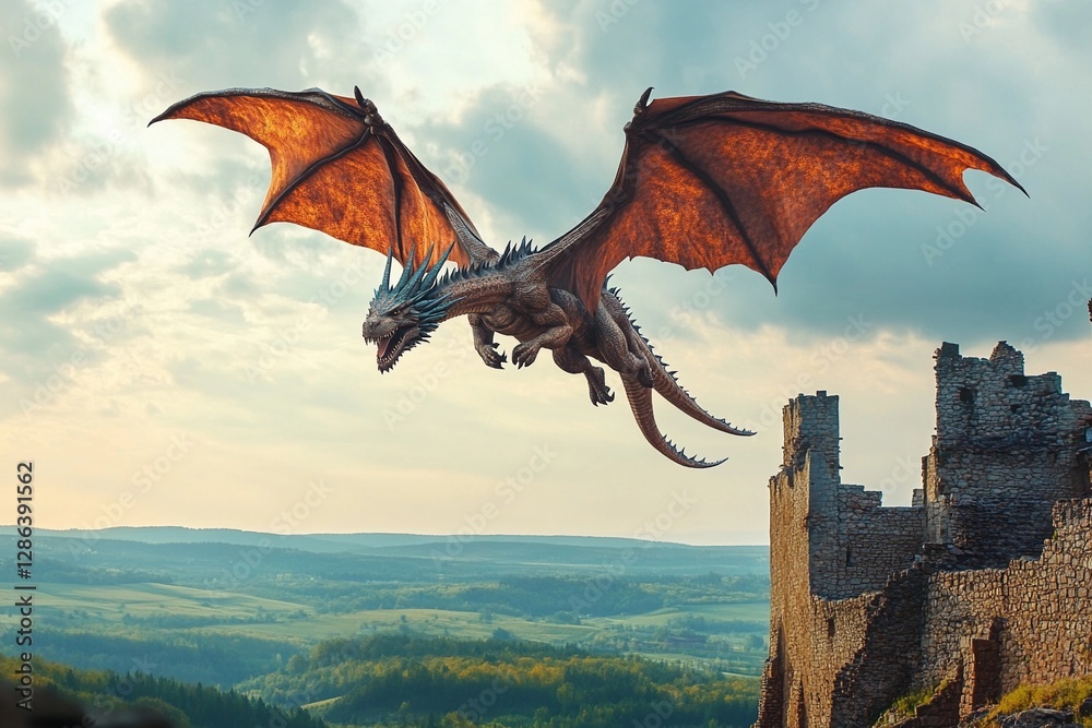 Fototapeta premium Majestic dragon soaring above ancient castle ruins under an overcast sky