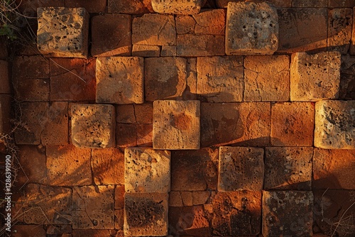 A brick wall with a lot of texture and a warm, earthy tone