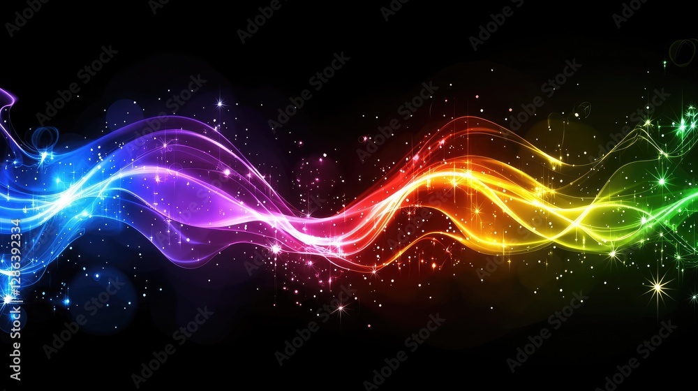Obraz premium Colorful Abstract Waves with Stars and Sparkles on Black Background