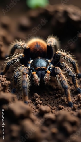Burrowed soil with tarantula spider Pterinopelma sazimai, leggy, spiders, hairy