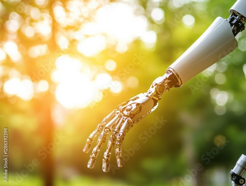 Futuristic Mechanical Robot Hand Reaching Out Amidst Sunlit Forest Environment