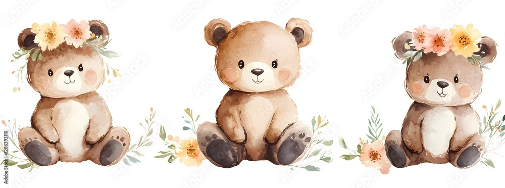 Naklejka premium Three charming bears decorated with flowers livening up any space with joy