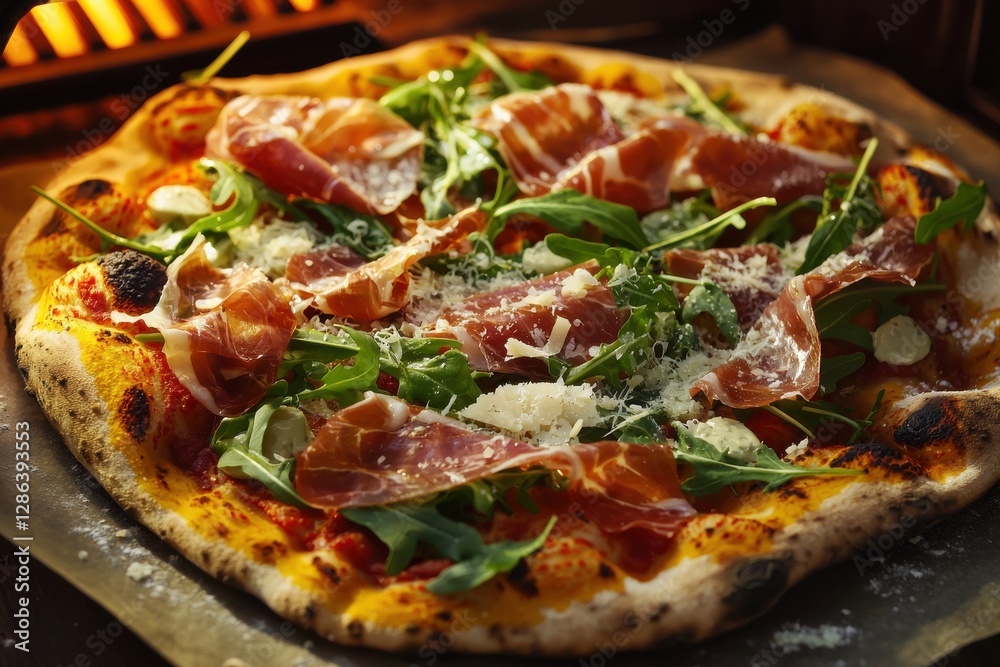 Close-up of a rustic wood-fired pizza topped with prosciutto, fresh arugula, and grated parmesan cheese, baking in a traditional brick oven, gourmet food photography. Close-up of a rustic wood-fired pizza topped with prosciutto, fresh arugula, and grated parmesan cheese, baking in a traditional brick oven, gourmet food photography.