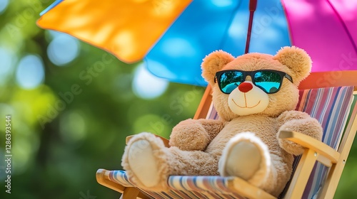 A teddy bear wearing sunglasses relaxing on a beach chair under a colorful umbrella