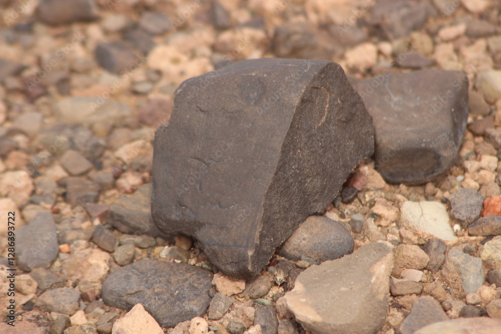 A close-up view of a black stone on the ground
