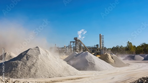 Cement plant operation with machinery and material piles under clear blue sky