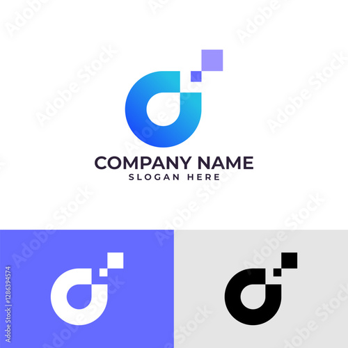 Unique D logo with pixel square.  Suggests data, technology, or digital connection. Minimalist vector, ideal for tech startups, software companies, or app developers.