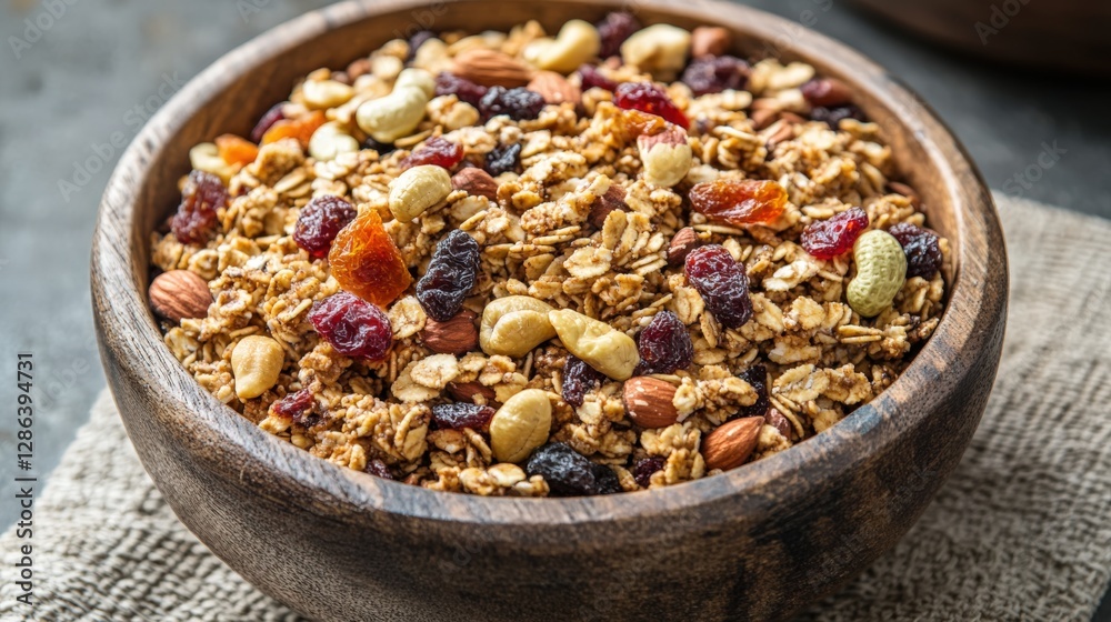 Granola mix with nuts and dried fruits in a rustic wooden bowl for a healthy breakfast Granola mix with nuts and dried fruits in a rustic wooden bowl for a healthy breakfast