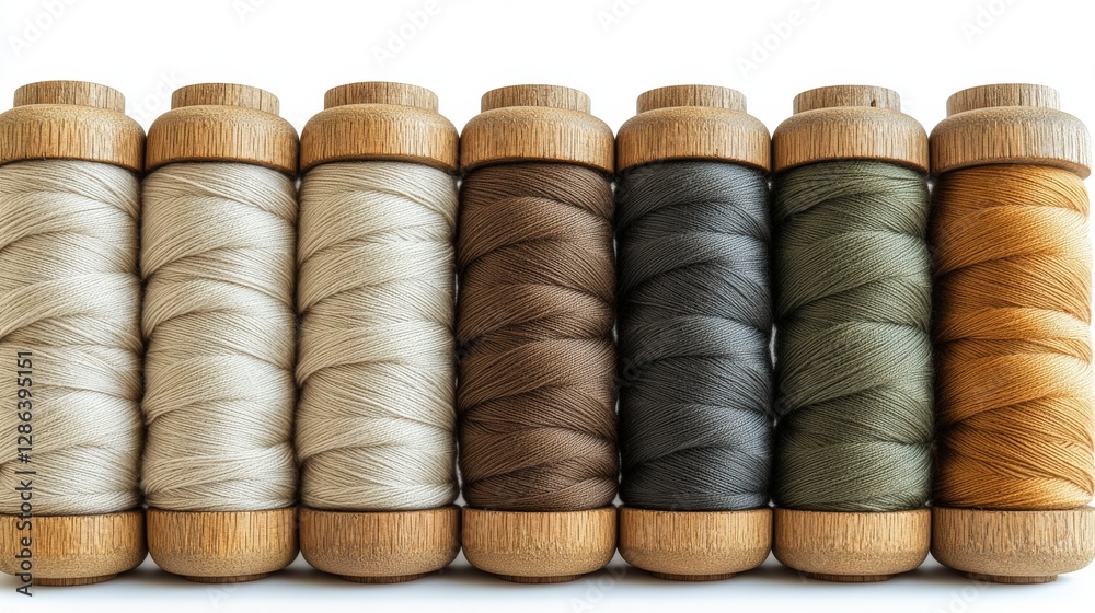 Thick cotton threads in earthy tones arranged on wooden spools against a white background Thick cotton threads in earthy tones arranged on wooden spools against a white background