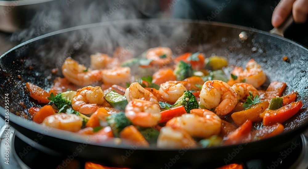Closeup view of a pan filled with delicious cooked food ready to be served on a table Closeup view of a pan filled with delicious cooked food ready to be served on a table