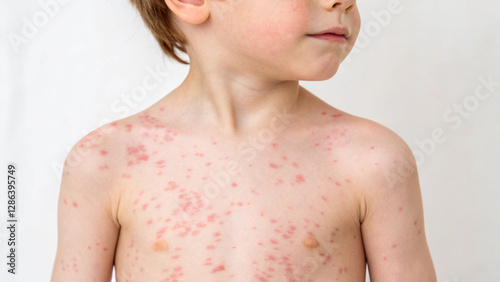 Child Kid Toddler with Measles Red Rash on Body Skin, Infectious Disease Preventable by Vaccination and Immunization, Untivax and Vaccine photo