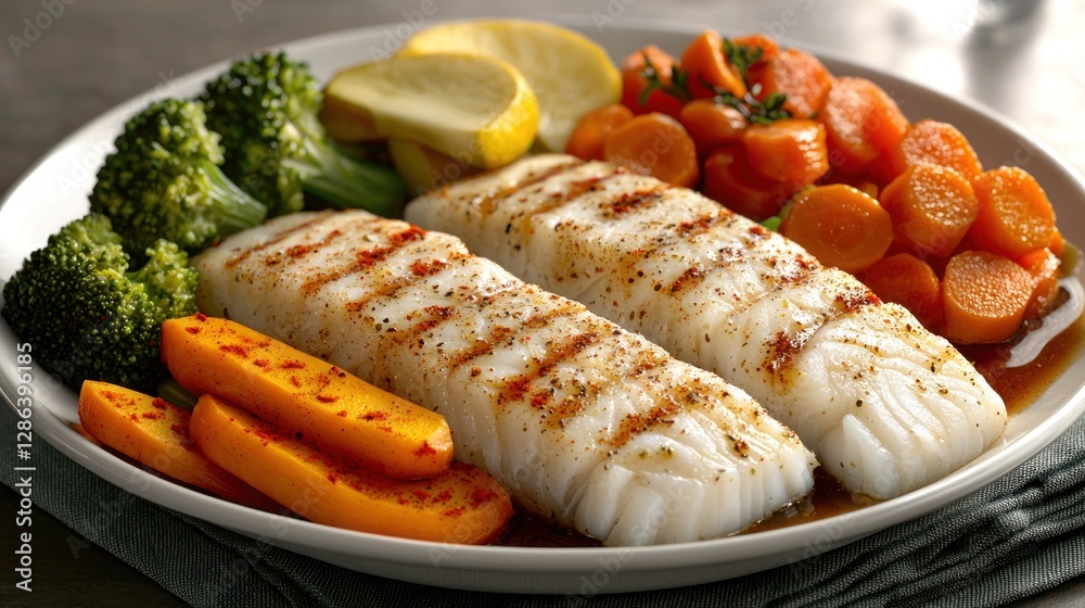 Grilled fish fillets served with steamed broccoli, carrots, and lemon slices on a plate Grilled fish fillets served with steamed broccoli, carrots, and lemon slices on a plate
