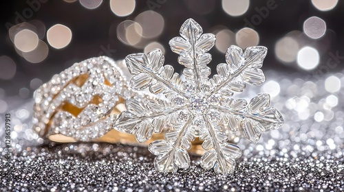 Crystal Snowflake and Diamond Ring on Glitter Background. Holiday Jewelry Decoration.