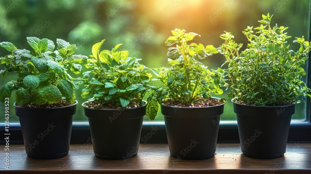 Herbs on windowsill, sunlight, nature Herbs on windowsill, sunlight, nature
