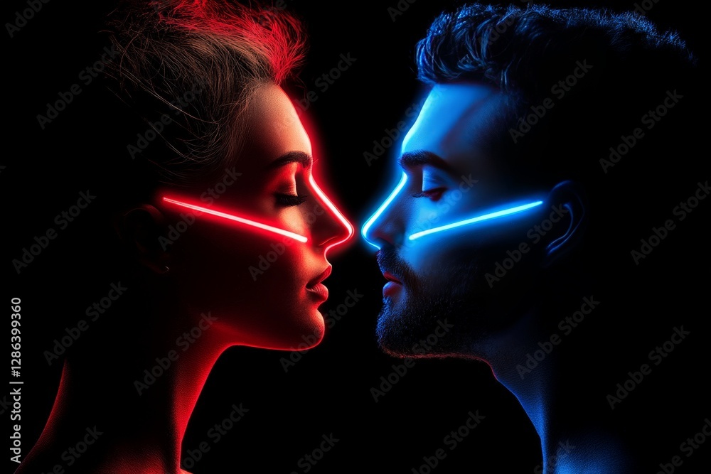 Fototapeta premium Dramatic neon lit conceptual side profile of a man and woman facing each other in deep red and blue tones symbolizing passion desire and emotional intensity in modern artistic photography