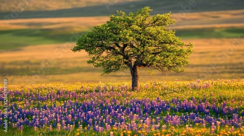 Wallpaper Mural Lone Tree Stands Tall in Vibrant Wildflower Meadow Landscape Torontodigital.ca