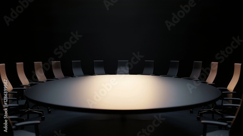 conference concept. Modern boardroom with a large round table and empty chairs.