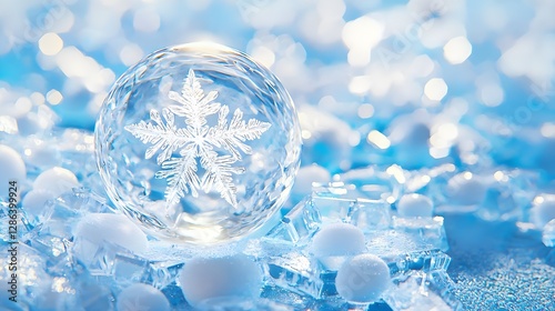 Design Winter Holiday Crystal Ball Snowflake on Ice Background
