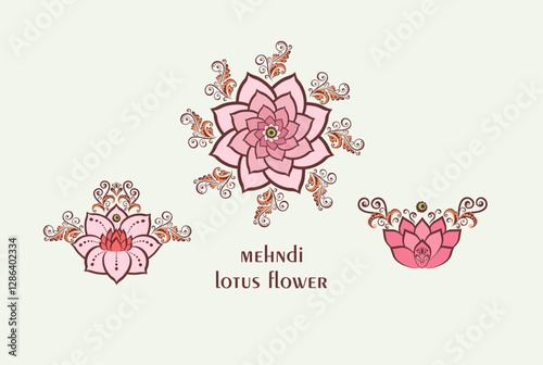 Decorative pink Mehndi Lotus or waterlily  flower and mandala for logo template, beauty, wellness and spa salon signboard, Ayurveda, meditation, t shirt print. Buddha symbol.eps