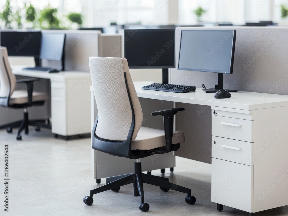 Modern office workspace featuring sleek desk, computer, and ergonomic chair designed for productivity and comfort. Modern office workspace featuring sleek desk, computer, and ergonomic chair designed for productivity and comfort.
