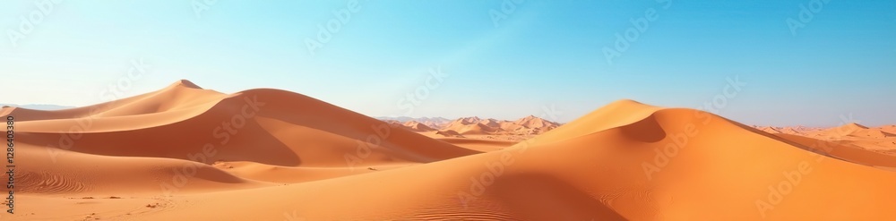 Fototapeta premium Desert landscape with brown sand dunes and blue sky, sky, terrain, earthy tone